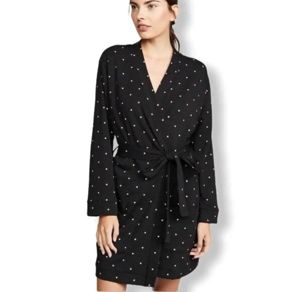 Revolve Plush‎ Black Fleece Lined Robe Heart Print Size Small New